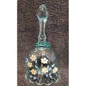 Fenton Diamond Quilted Light Blue Glass Hand Painted/Signed Floral Bell